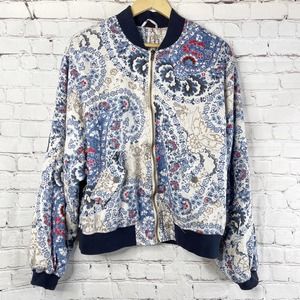 FREE PEOPLE Blue Cream Paisley Print Bomber Jacket